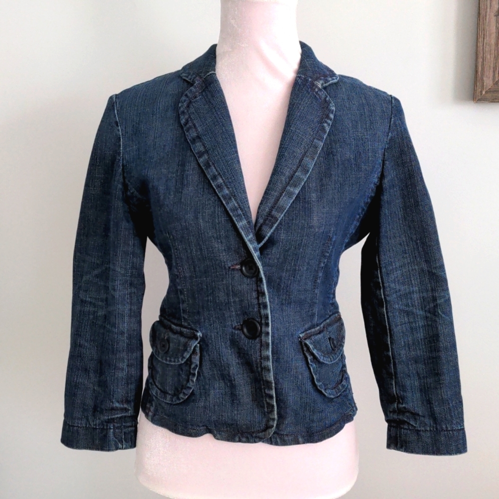Express Fitted Denim Blazer Cropped Sleeve Jacket Dark Wash size Small